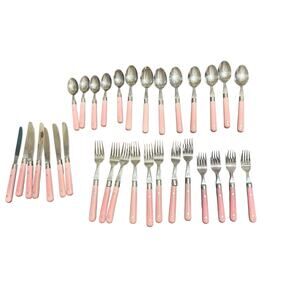 Lot Of 32 Piece Pink Vintage Flatware Spoons Forks‎ Knives Cottage